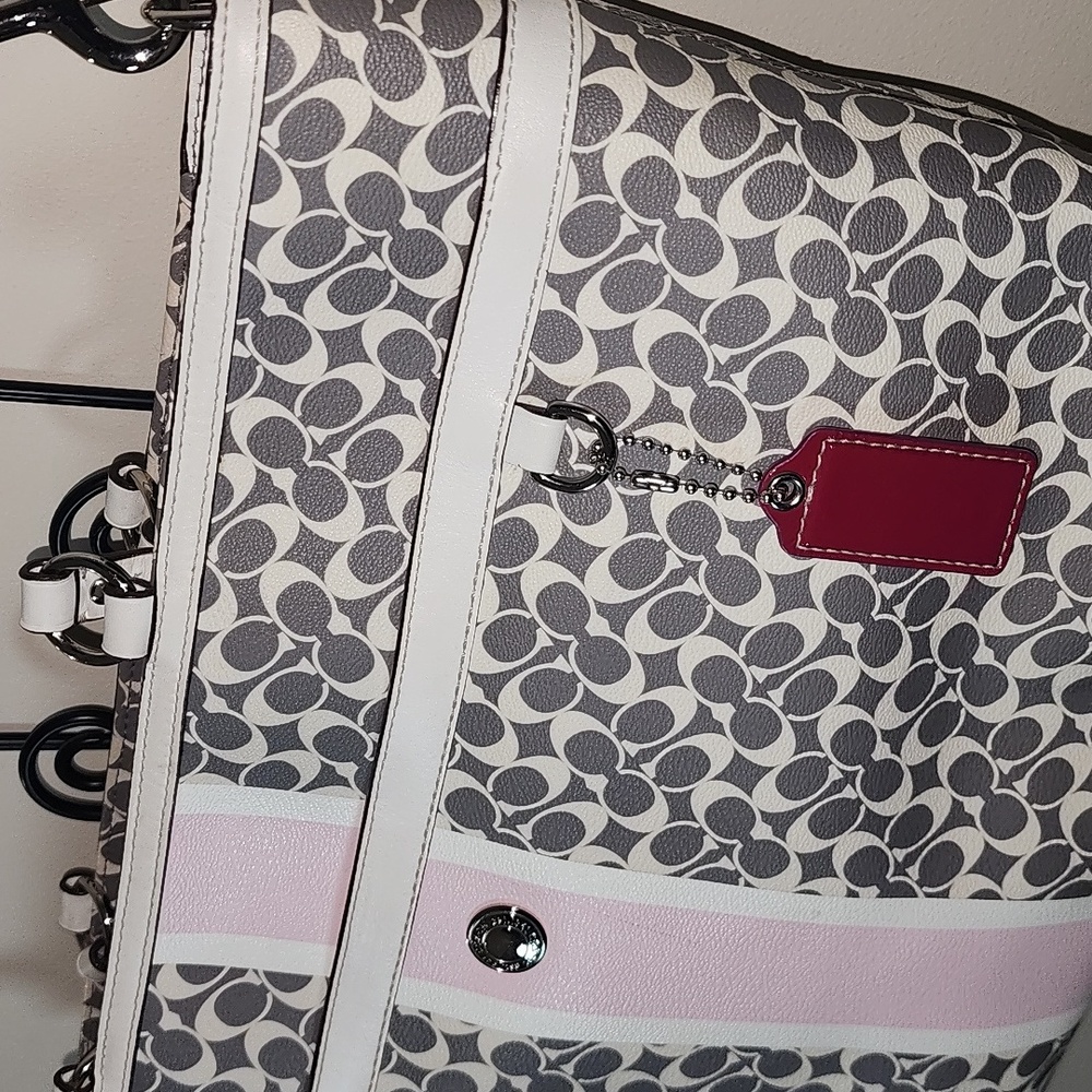 Coach Large Leather Pink Gray Business Work Tote Diaper Bag Signature C Rare - Picture 4 of 16